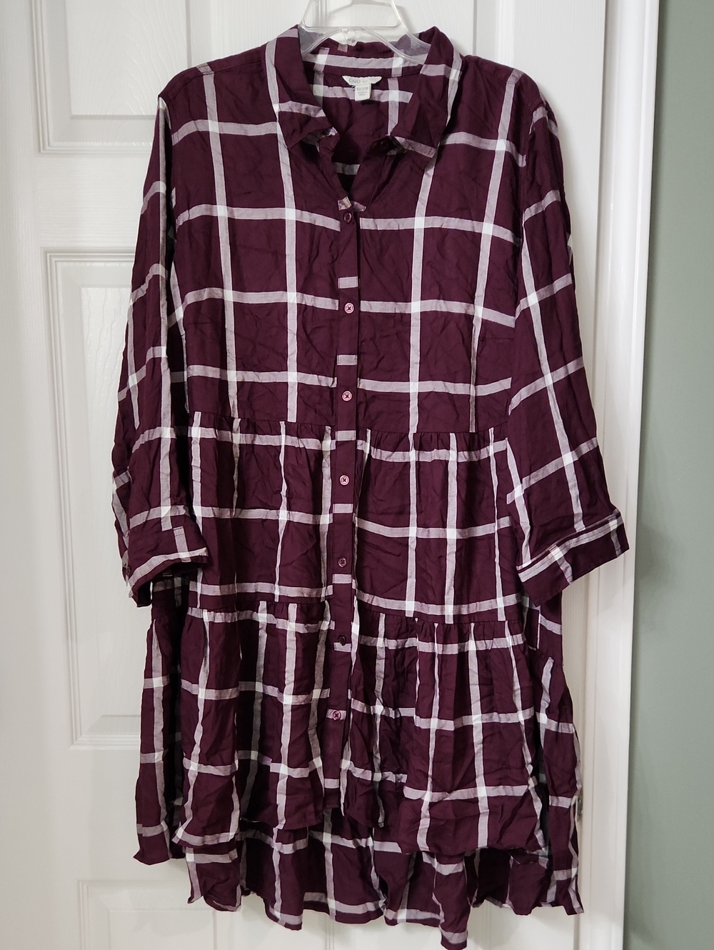 Cato Burgundy Plaid Button-Front Tiered Dress